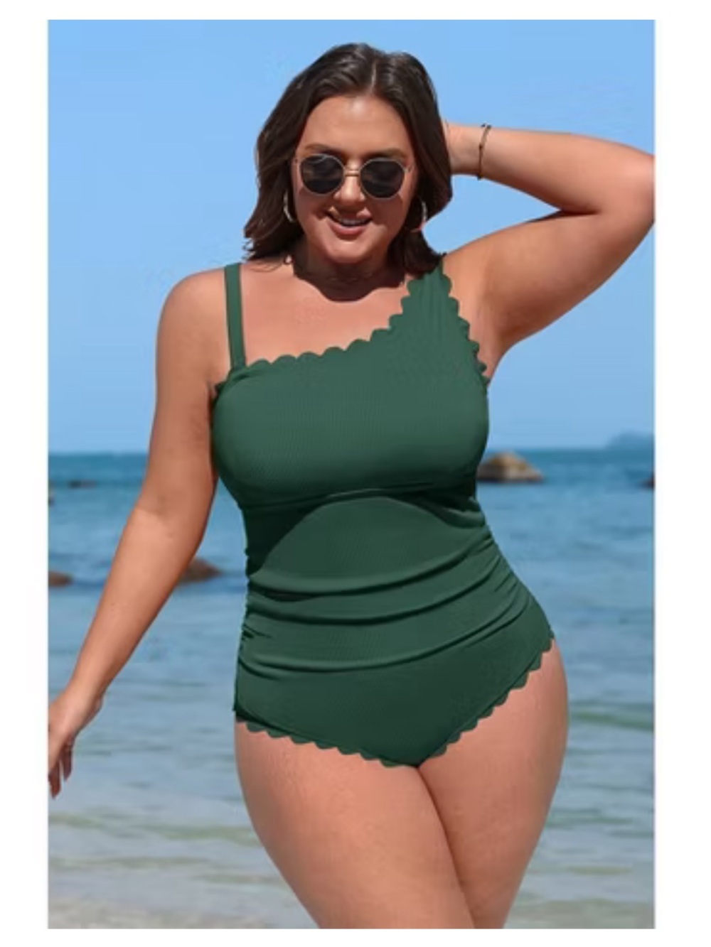 Plus-Size One-Shoulder Scalloped Dark Green Swim One-Piece